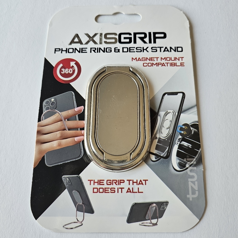 AxisGrip Large Phone Ring & Folding Desk Stand - SILVER METAL